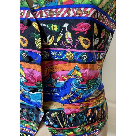 Nicole Miller Vintage Silk Vest Small – Tropical Antigua Print Travel Theme 90s - Picture 16 of 16